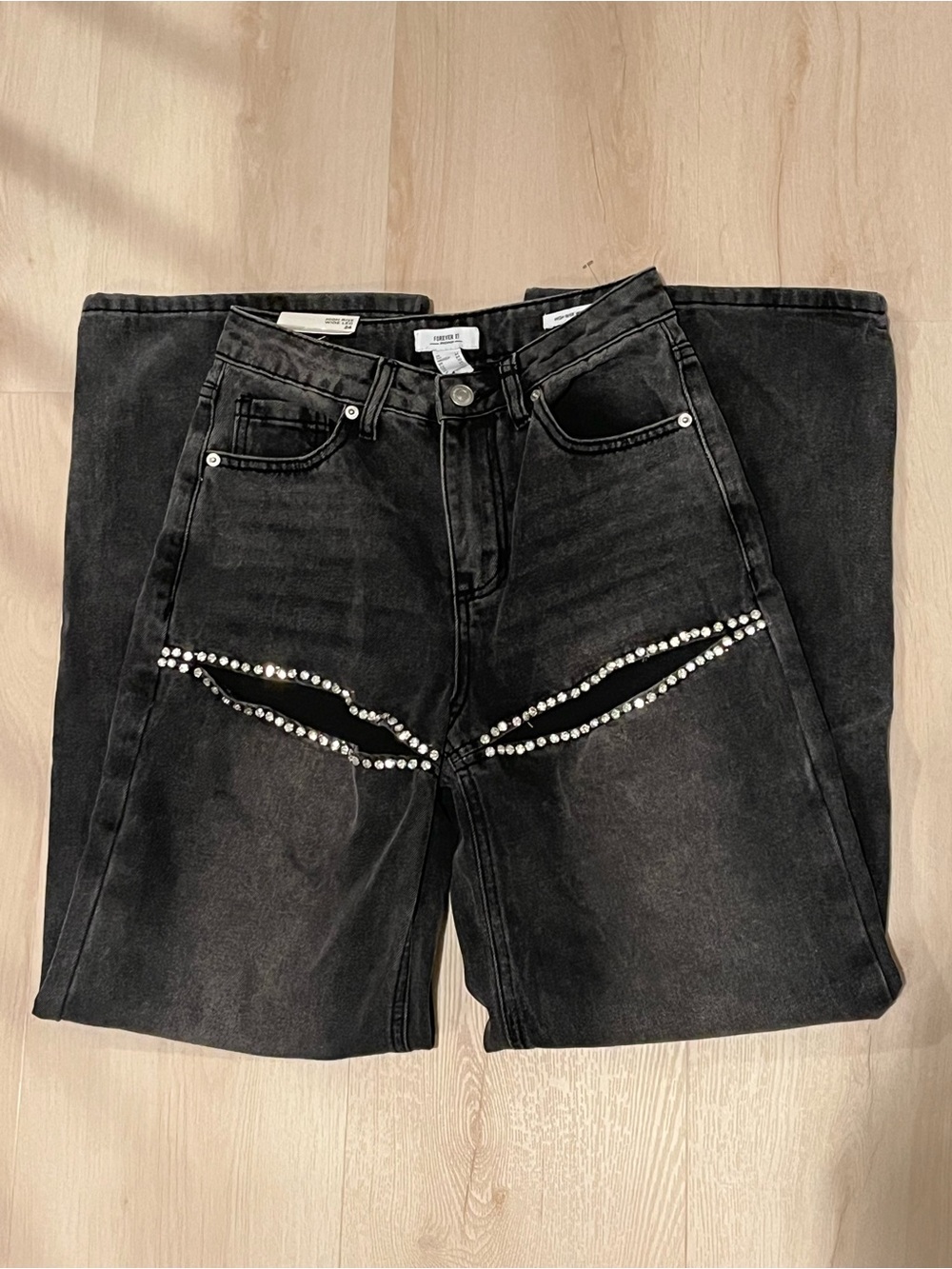 Forever 21 Black Denim Jeans with Rhinestone Cutout Detail